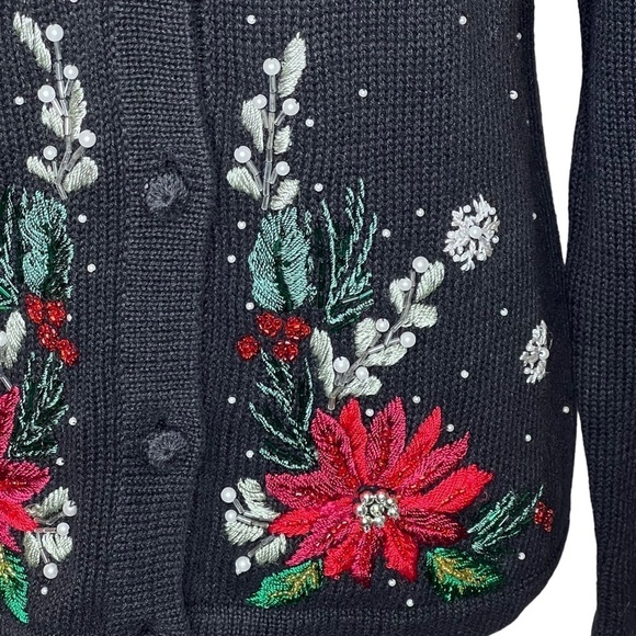 Victoria Jones Embellished Poinsettia Snow Flake Cardigan Removable Fur Collar M - Picture 7 of 14